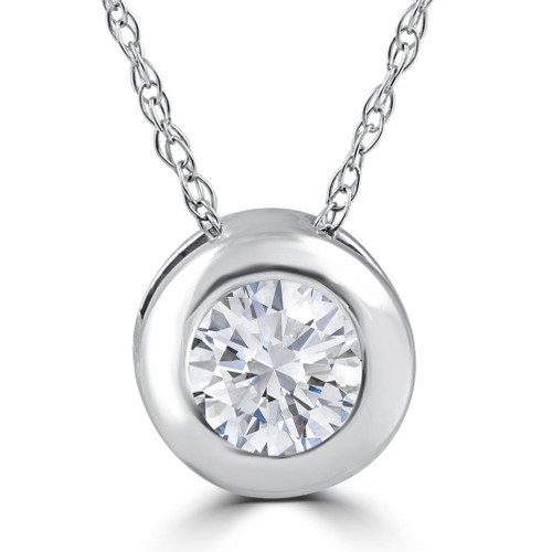 1/3ct Round Bezel Solitaire Diamond Pendant Necklace 14K White Gold (H-I, I2-I3)