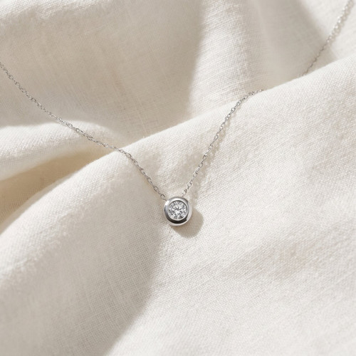 1/3ct Round Bezel Solitaire Diamond Pendant Necklace 14K White Gold (H-I, I2-I3)