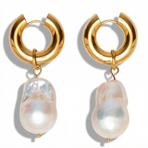 18k Yellow Gold Plated 2" Fresh Water Pearl Hoops