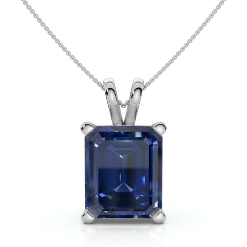 8Ct Emerald Cut Blue Sapphire Pendant 14k Gold 18" Necklace 1/2" Tall Lab Grown