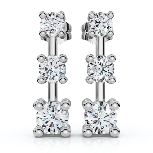 1Ct Three Stone Drop Earrings 10k Gold Lab Grown 5/8" Tall Push Back (E-F, VS)