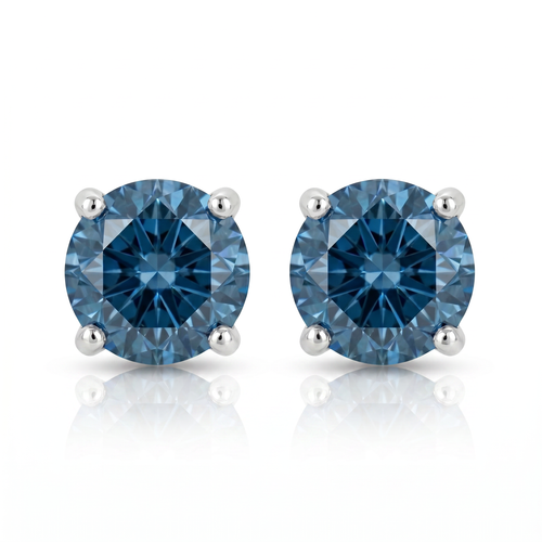 Round Four Prong Blue Diamond Studs 14k Gold Lab Grown (Blue, VS2-SI1)