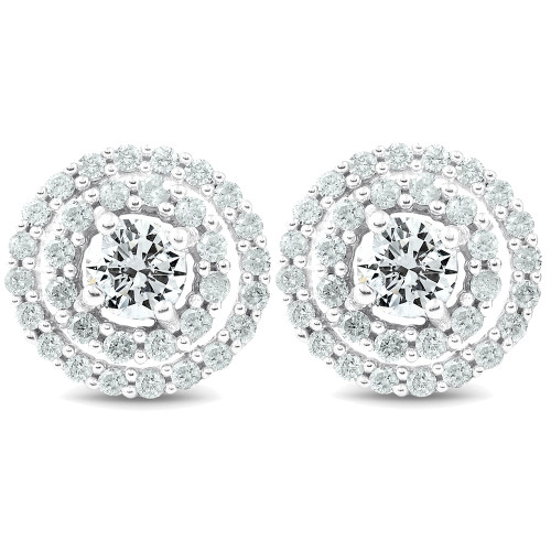1Ct Diamond Double Halo Studs Screw Back Womens Earrings White Gold 10.2MM (H-I, I2-I3)
