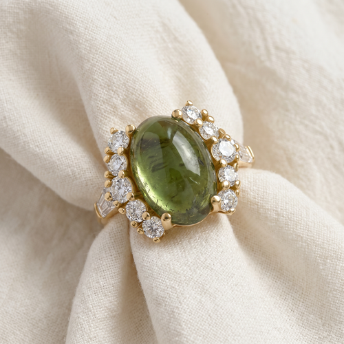 14.29Ct Green Tourmaline Heirloom Diamond Ring 14k Yellow Gold (E-F, VS)