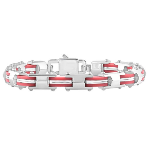 Men's Steel And Red Two Tone 8mm Link Flexible Trigger Clasp  8.5 " Bracelet