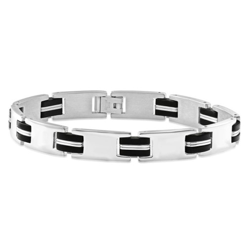 Men's Steel And Black Two Tone, Two striped 10mm Link  8.5 " Bracelet
