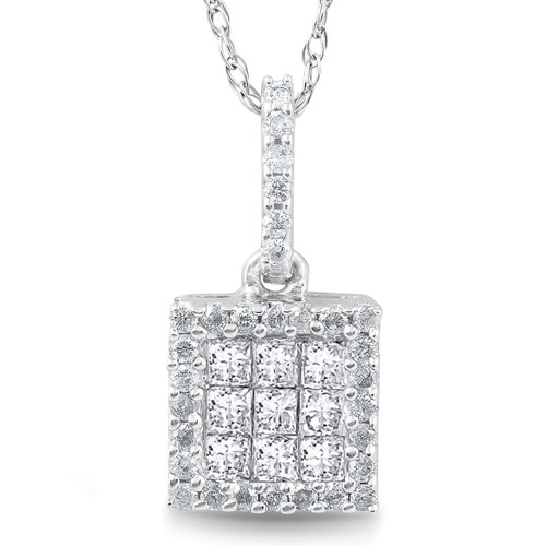 3/8 cttw Princess Cut Pave Diamond Halo Pendant 10K White Gold 3/4" Tall (J-K, I2-I3)
