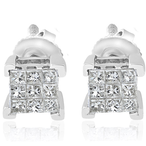 1/3ct Diamond Princess Cut Screw Back Studs Womens Earrings 10k White Gold 5.5mm (I-J, I2-I3)