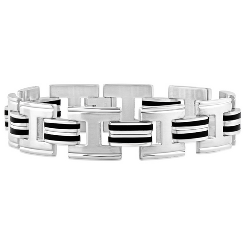 Men's Steel And Black Striped Two Tone 15mm Wide Link Flexible 8" Bracelet