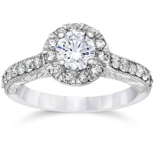 3/4ct Vintage Halo Diamond Engagement Ring 14K White Gold (G-H, I1)