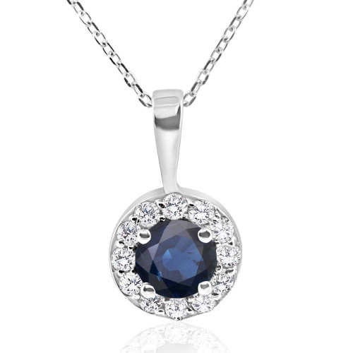 1 ct Blue Sapphire & Diamond Halo Pendant 14k White Gold & 18" Chain (H-I, I1)