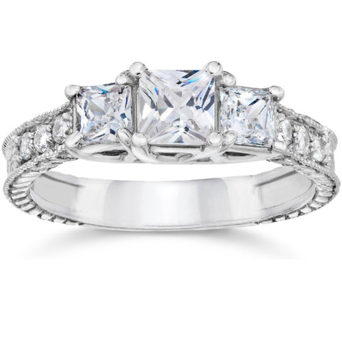 1 3/4ct Vintage Three Stone Princess Cut Diamond Engagement Ring 14K White Gold (H-I, SI)