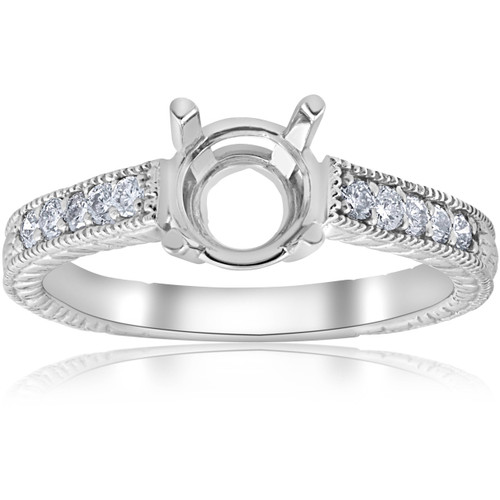 1/5ct Hand Engraved Diamond Engagement Ring Setting 14k White Gold Fits 6-6.5mm (G-H, SI) 1/5ct Hand Engraved Diamond Engagement Ring Setting 14k White Gold Fits 6-6.5mm (G-H, SI)