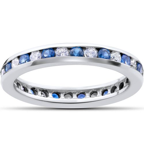 1 1/2ct Diamond & Sapphire Eternity Ring 14K White Gold (G-H, I1)