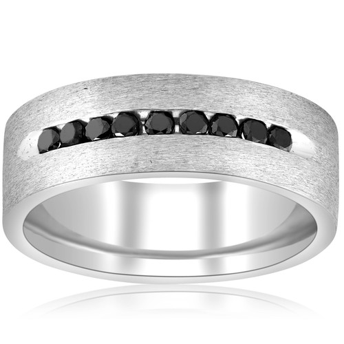 3/4ct Treated Black Diamond Mens 6 mm Brushed Wedding Band 14K White Gold (Black, )