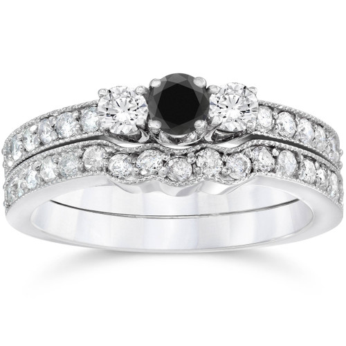 3/4ct Round Black Diamond Three Stone Wedding Engagement Ring Set 10K White Gold (G-H, I1)