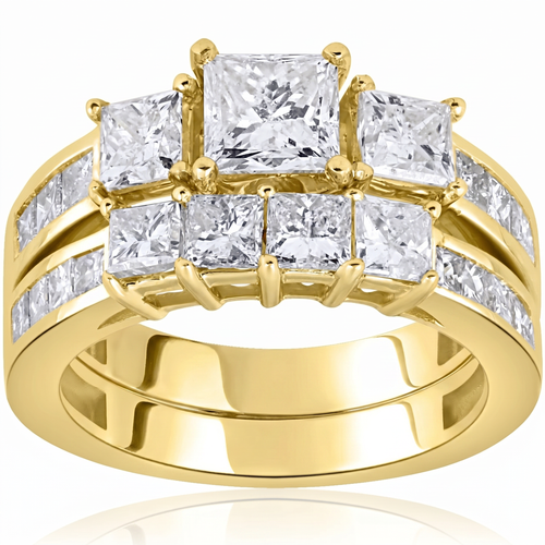 3 1/2ct Side Stone Diamond Ring Set 14K Yellow Gold (H-I, I1)