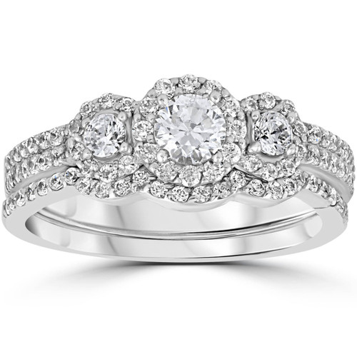 1.00CT 3-Stone Diamond Engagement Wedding Ring Set 10K White Gold (H/I, I1-I2)