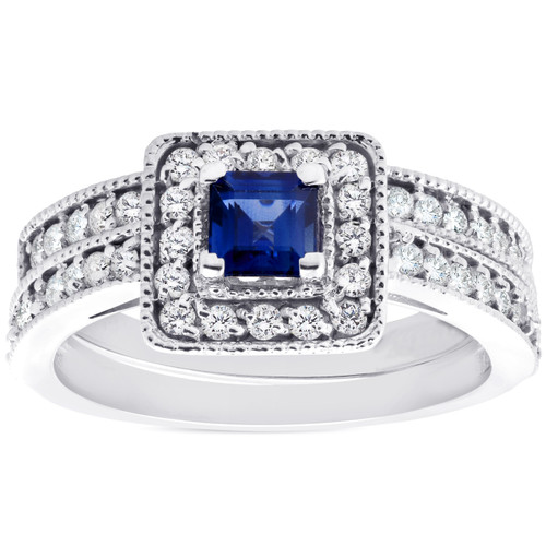 1ct Blue Sapphire Princess Cut Halo Diamond Ring Set 14K White Gold (G-H, I1)
