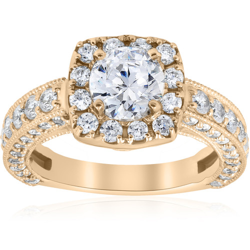 2 1/2ct Round Cut Diamond Engagement Ring Cushion Halo 14k Yellow Gold (I-J, I1)