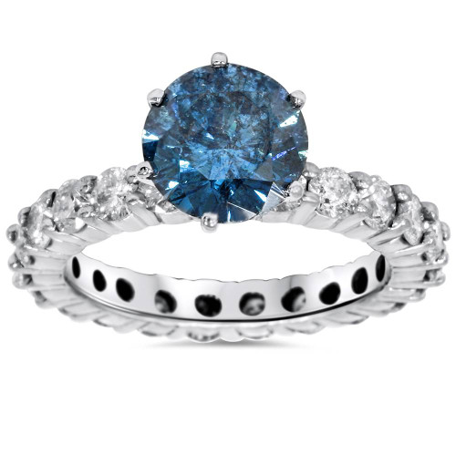 4 3/4ct Blue & White Diamond Eternity Engagement Ring 14K White Gold Lab Grown (Blue, SI)