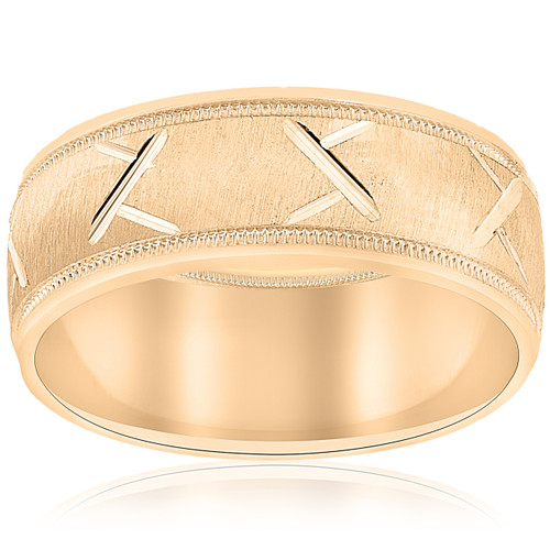 10k Yellow Gold Mens Wedding Band with Satin Finish and Cuts 8mm