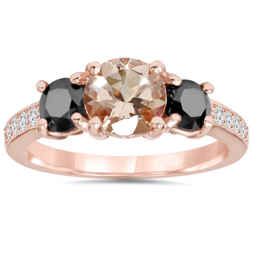 2.10Ct Morganite & Black Diamond Engagement 3-Stone Ring 14K Rose Gold (H-I, I1)