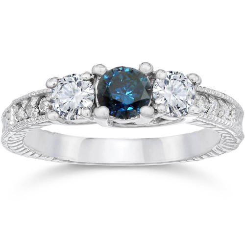 1ct Vintage Blue Diamond 3-Stone Engagement Ring 14K White Gold (G-H, I1)