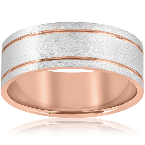 14k Rose Gold 8MM Two Tone Flat Brushed Comfort Fit Mens Wedding Band 14k Rose Gold 8MM Two Tone Flat Brushed Comfort Fit Mens Wedding Band