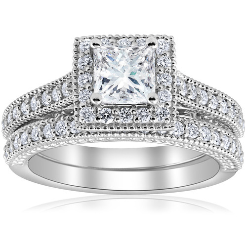 1 1/2ct Princess Cut Halo Vintage Diamond Engagement Ring 14k White Gold (G-H, SI)