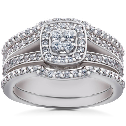 1ct TDW Cushion Halo Diamond Trio Engagement Guard Wedding Ring Set Gold (H-I, I1)