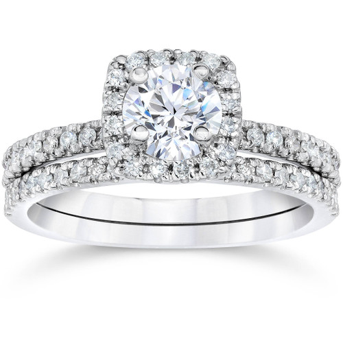 1 ct Diamond Cushion Halo Engagement Wedding Ring Set 10k White Gold (H-I, I1)