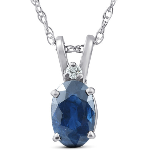 Diamond & Blue Sapphire Oval Shaped Solitaire Pendant 14K White Gold & 18" Chain (G-H, I2-I3)