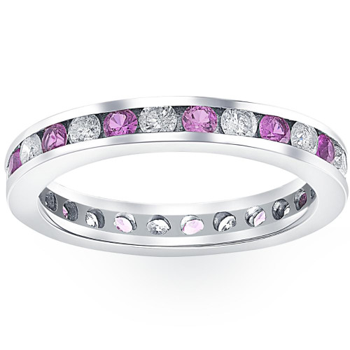 1 1/2ct Pink Sapphire & Diamond Eternity Channel Set Wedding Ring 14k White Gold (G-H, I1) 1 1/2ct Pink Sapphire & Diamond Eternity Channel Set Wedding Ring 14k White Gold (G-H, I1)