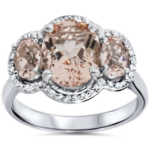 2 3/4ct 3 Stone Oval Morganite & Diamond Halo Ring 14K White Gold (H-I, I1)
