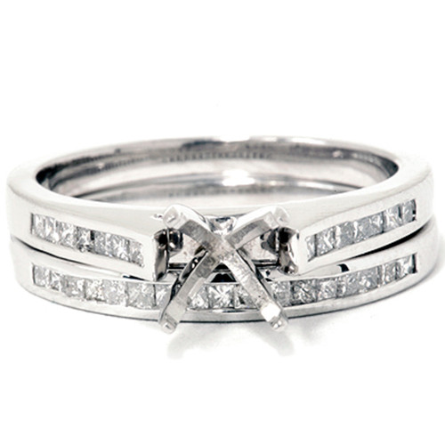 7/8ct Princess Cut Diamond Semi Mount Engagement Wedding Ring Set 14K White Gold (G-H, I1)