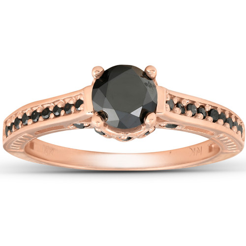 1 1/4ct Vintage Round Cut Black Diamond Engagement Ring 14K Rose Gold (Black, )