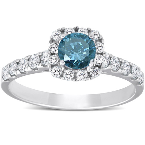 1 Ct Blue Diamond Cushion Halo Engagement Ring 14k White Gold (H-I, I1)