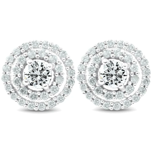 1Ct Diamond Double Halo Studs Screw Back Womens Earrings White Gold 10.2MM (H-I, I2-I3)