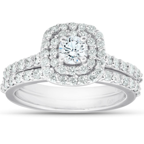 1 1/10Ct Cushion Halo Diamond Halo Engagement Wedding Ring Set 14k White Gold (G-H, I1)