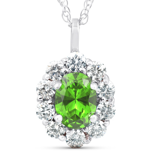 1 3/4ct Oval Peridot & Genuine Diamond Halo Pendant 14K White Gold (G-H, I1)