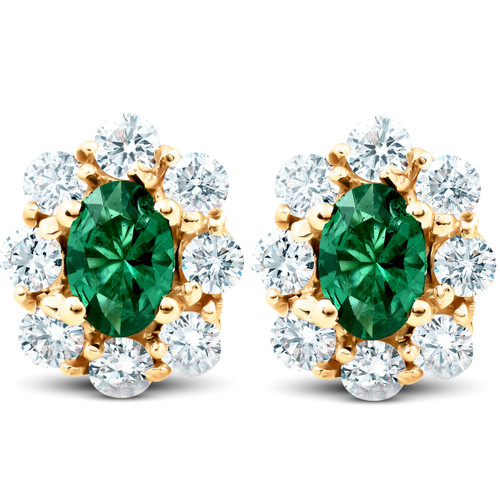 3 Ct Emerald & Diamond Halo Studs 14k Yellow Gold (H-I, I1)