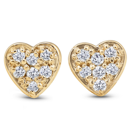 14K Yellow Gold Diamond Pave Petite Heart Studs Dainty High Polished 5.7MM (I-J, I2-I3)