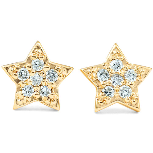 14K Yellow Gold Diamond Pave Petite Star Studs Dainty High Polished 6.5MM (I-J, I2-I3)