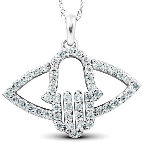 1/2 Ct Diamond Hamsa Evil Eye Hand Pendant 14k White Gold (G-H, I2-I3)