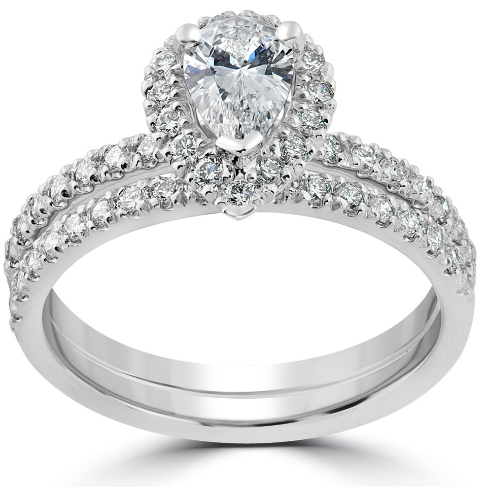 1 1/10ct Pear Shape Halo Diamond Engagement Wedding Ring Set 14k White Gold