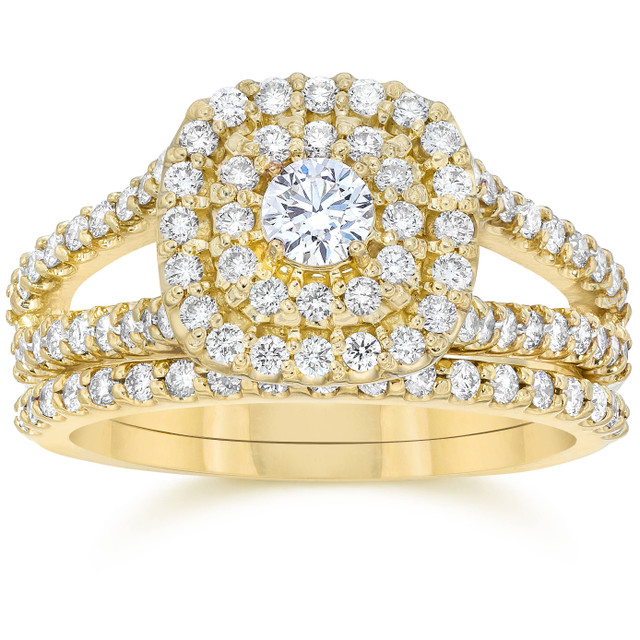 Cushion cut halo diamond yellow gold engagement ring set