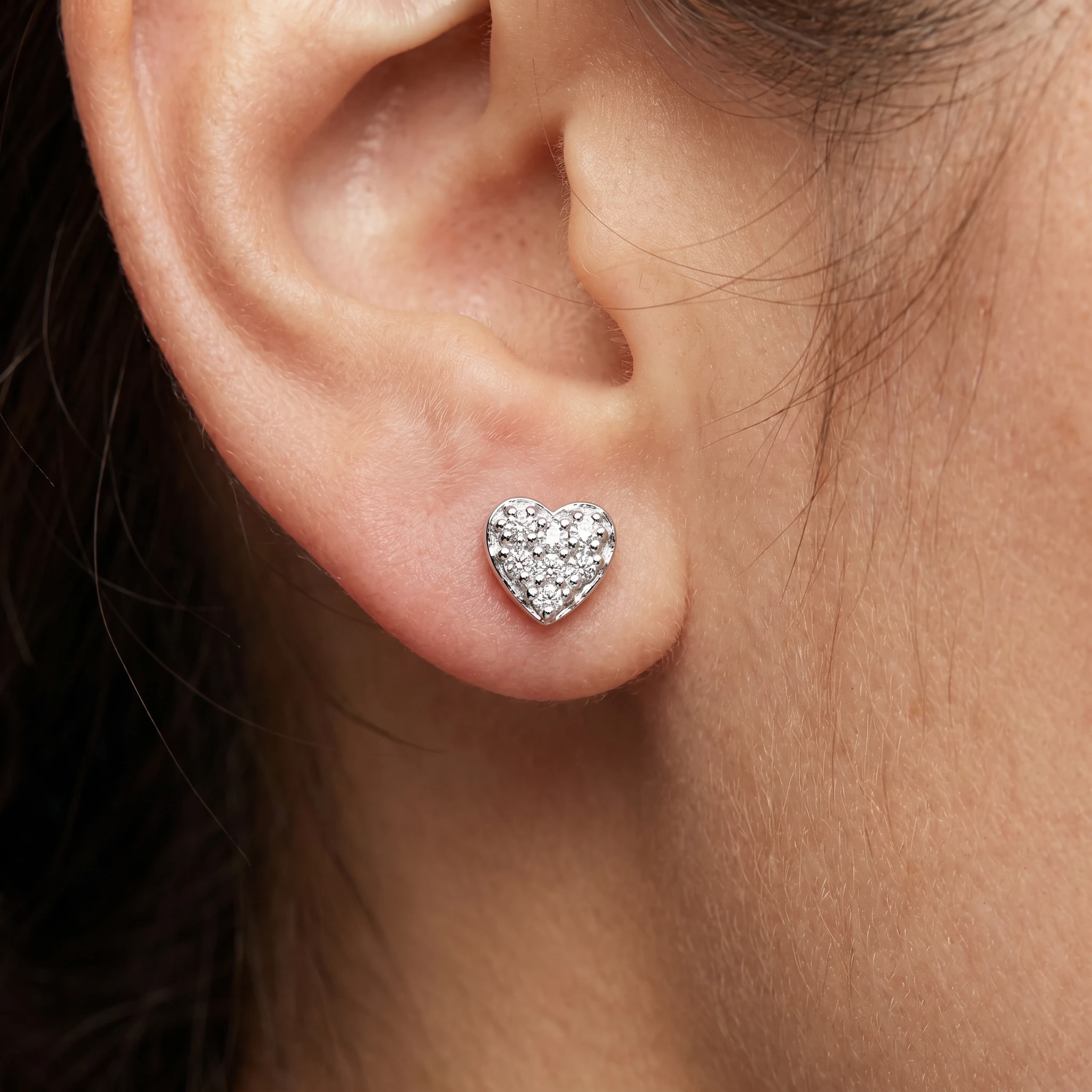 14K White Gold Diamond Pave Small Heart Studs Dainty High Polished 5.7MM (I-J, I2-I3)