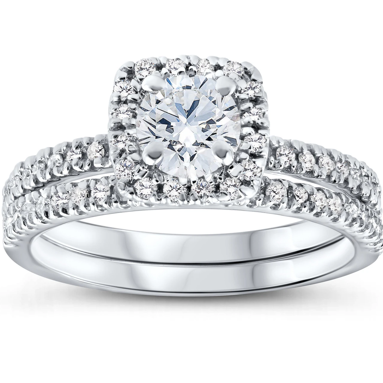 5/8 Ct Lab Grown Diamond Cushion Halo Engagement Wedding Ring Set White Gold EX3 (G-H, SI)
