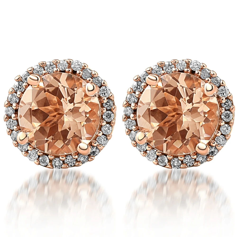 1 1/2 Ct Diamond & Morganite Rose Gold Halo Studs Screw Back Earrings Rose Gold (I-J, I2-I3)
